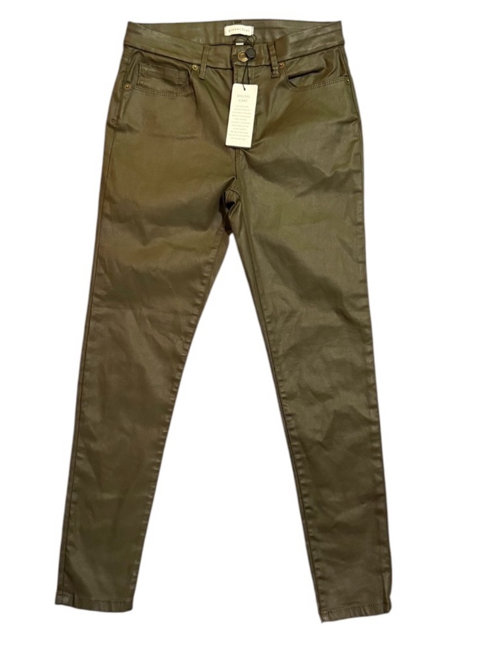 Gianni Bini Tori Olive Coated Skinny Jeans Vegan Leather Stretch Pockets Size 27